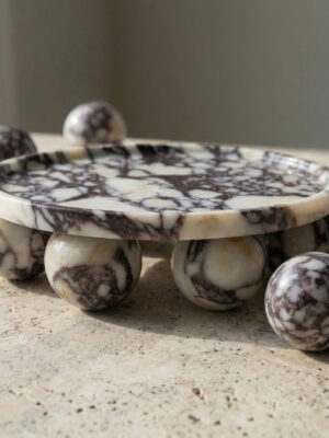 calacatta viola marble sande tray with sculptural spheres, coffee table decor