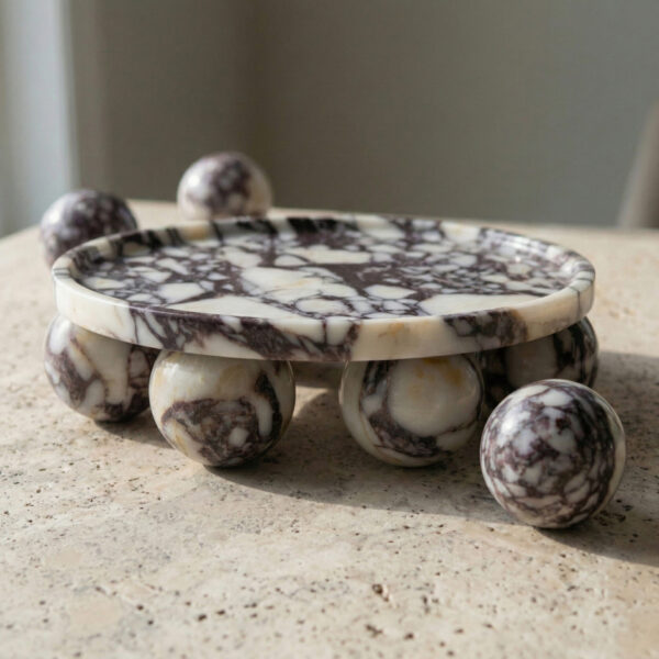 calacatta viola marble sande tray with sculptural spheres, coffee table decor